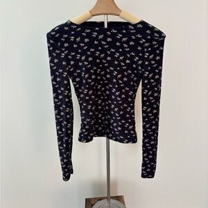 Harper Blue Fitted Long Sleeve Blouse with Floral Print